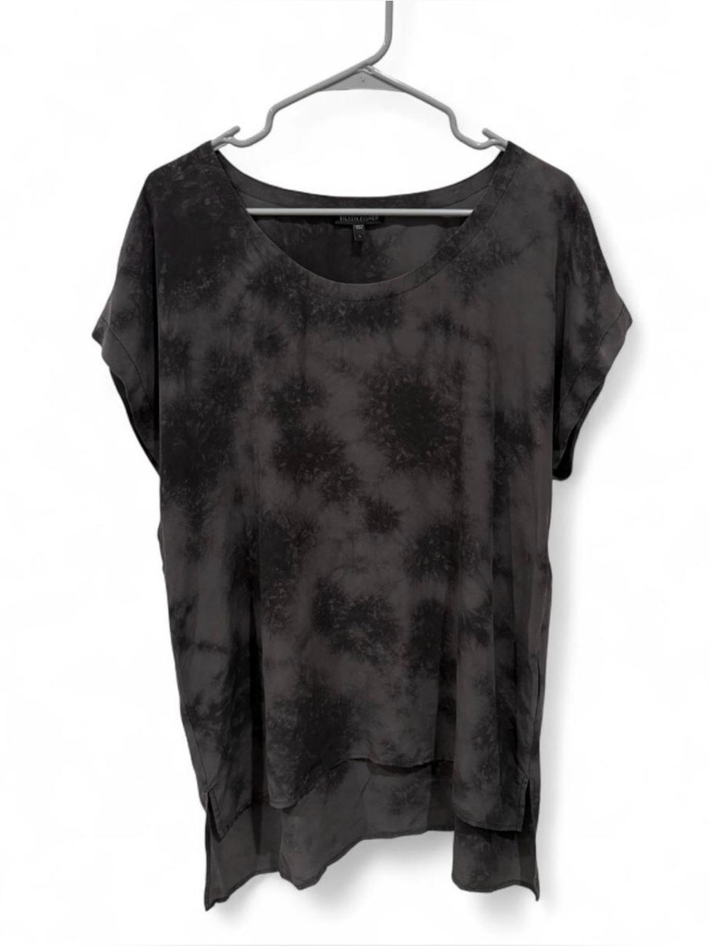 Eileen Fisher 100% Silk Charcoal Tie-Dye Boxy Short Sleeve Top Large Modern Chic